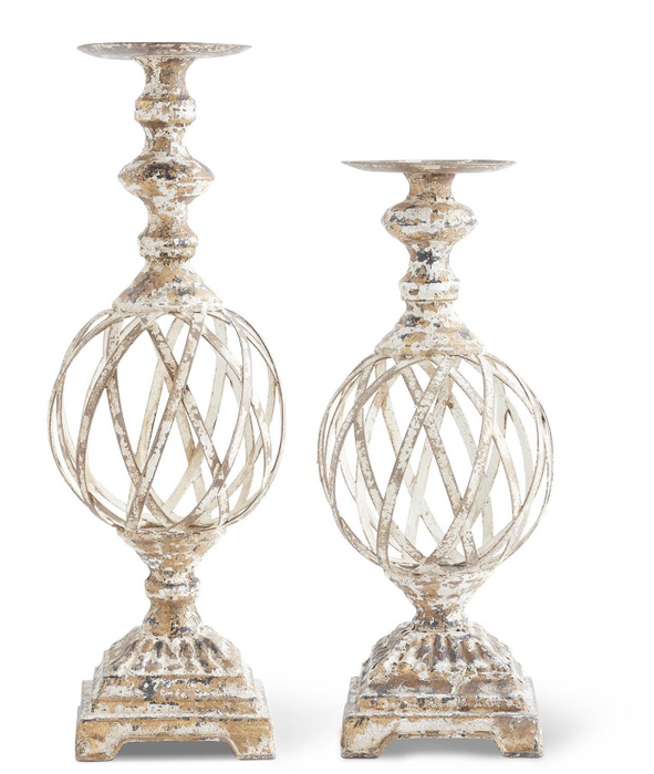 WHITE & GOLD WASHED WOVEN METAL CANDLEHOLDERS  - Set of 2