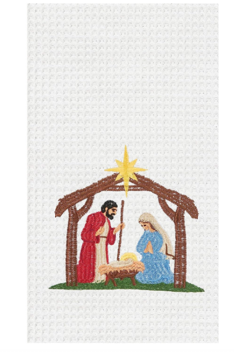 Nativity Scene Embroidered Waffle Weave Kitchen Towel