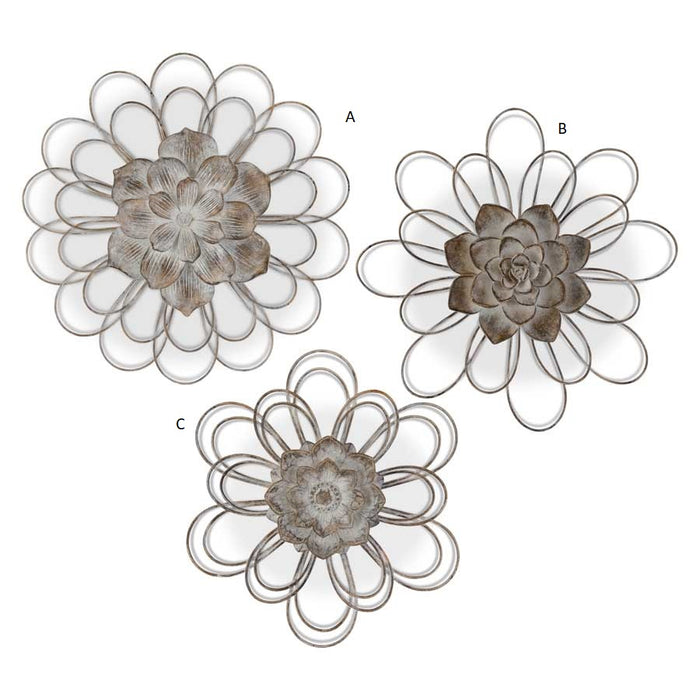 Gray Metal Wall Flowers w/Resin Centers - Set of 3