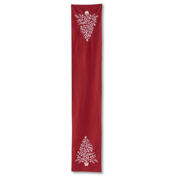 Red Table Runner with White Embroidered Christmas Tree - 72"
