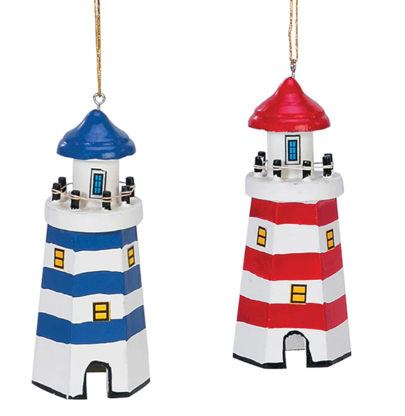Two decorative lighthouse ornaments on a white background