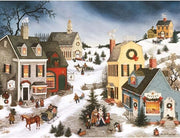 Winter village scene with snow-covered houses and people in a snowy street.