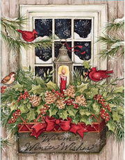 Decorative Christmas scene with a window, lantern, and festive elements on a wooden background.