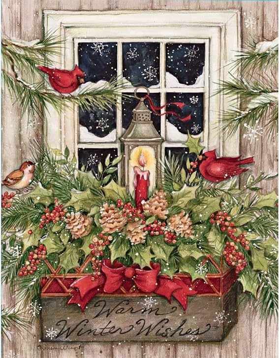 Decorative Christmas scene with a window, lantern, and festive elements on a wooden background.