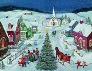 Illustration of a snowy village scene with a Christmas tree, children, and a horse-drawn sleigh.