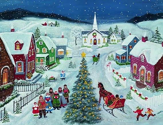 Illustration of a snowy village scene with a Christmas tree, children, and a horse-drawn sleigh.