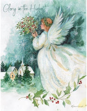 Angel holding flowers with 'Glory in the Highest' text in a snowy village scene