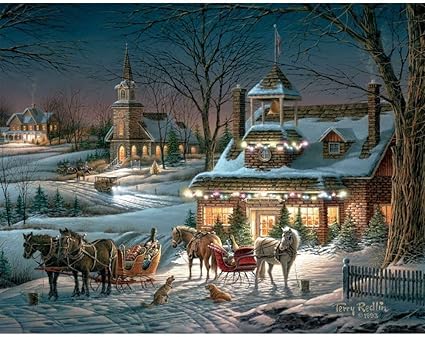 Winter scene with a snowy village, a house with lights, and horses with sleighs.