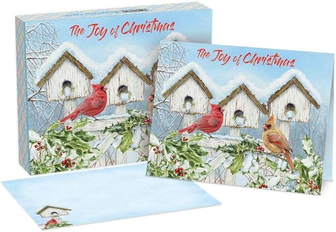 Set of Christmas cards with cardinals and birdhouses on a snowy background