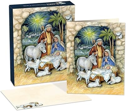 Set of Christmas cards with nativity scene design featuring Mary, Joseph, and baby Jesus.