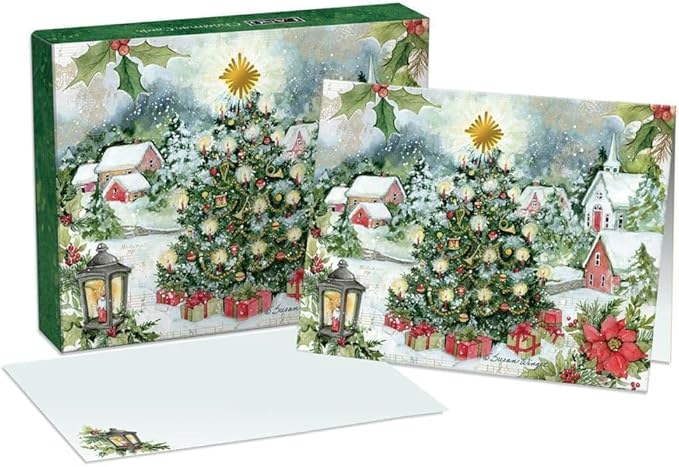 Christmas-themed greeting card with a tree and presents in a snowy village scene, featuring a matching envelope.