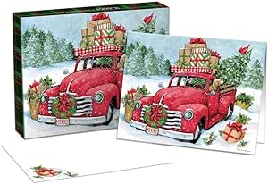 Set of Christmas cards with a red truck and presents design.