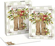 Set of Christmas cards with cowboy boots and floral decorations, labeled 'Howdy Holidays'.