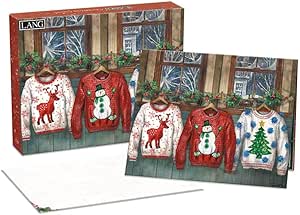Set of Christmas-themed sweaters in packaging with a wooden window background