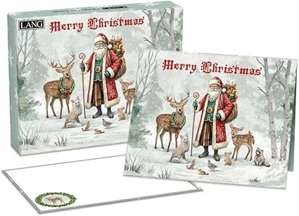 Christmas card set with Santa Claus and deer illustration, featuring the brand 'LANG'.