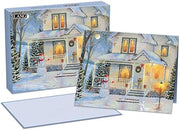 Set of Christmas cards with a snowy house scene and matching box, featuring the brand 'LANG'.