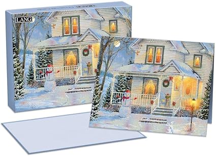 Set of Christmas cards with a snowy house scene and matching box, featuring the brand 'LANG'.