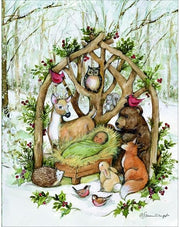 Illustration of a baby in a manger surrounded by forest animals in a snowy scene.