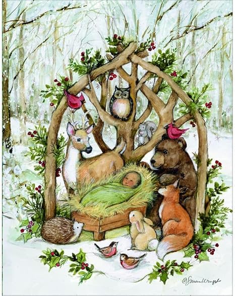 Illustration of a baby in a manger surrounded by forest animals in a snowy scene.
