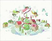 Illustration of fairies around a Christmas tree in a village setting