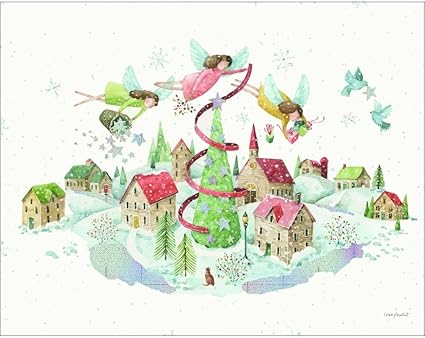 Illustration of fairies around a Christmas tree in a village setting
