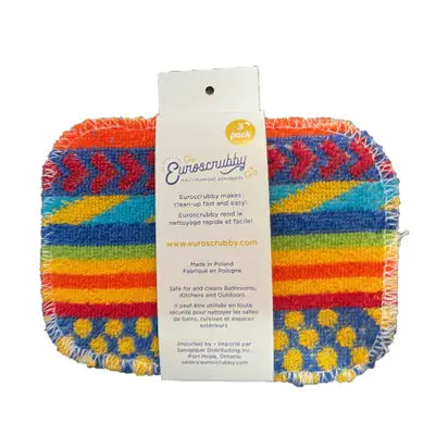 Colorful striped scrubber with a white label on a white background