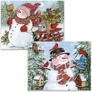 Two Christmas cards featuring snowmen with birdhouses and red birds in a snowy landscape.