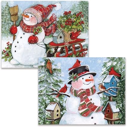 Two Christmas cards featuring snowmen with birdhouses and red birds in a snowy landscape.