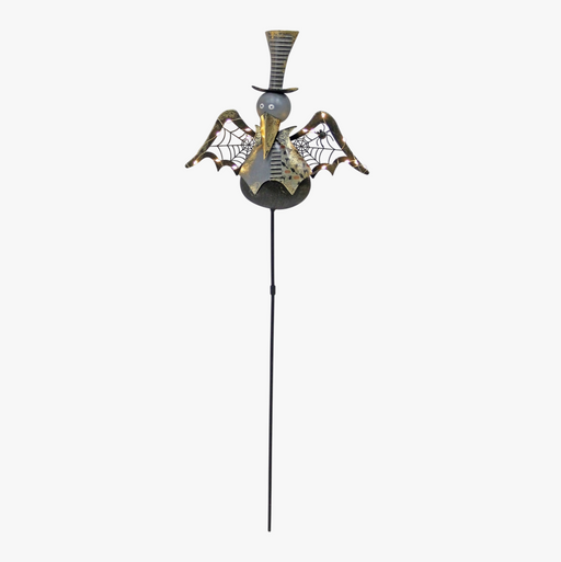 Decorative garden stake with a spider design on a white background