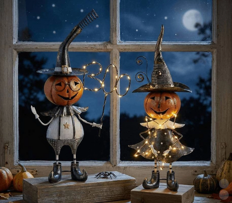 Two Halloween-themed pumpkin figures with lights against a window backdrop at night.