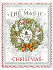 Christmas-themed card with a wreath, snowmen, and text 'Believe in the magic of Christmas' on a decorative border.