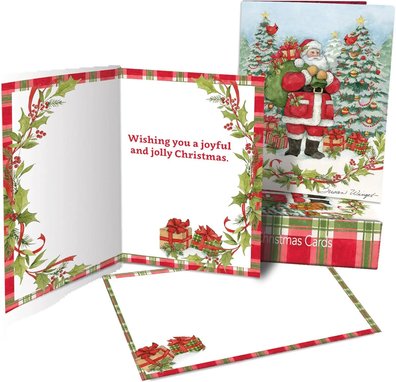 Christmas card with Santa Claus design and festive text on a white background