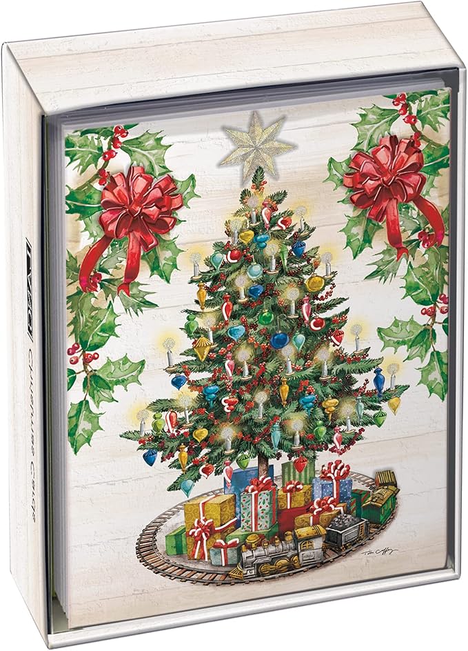 Decorative Christmas card with a Christmas tree and presents on a white background