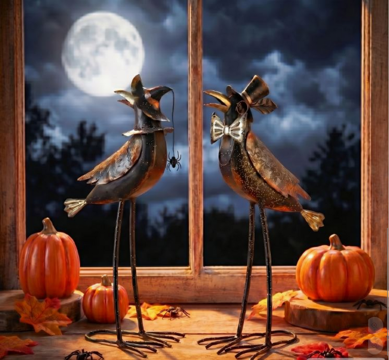 Decorative metal birds and pumpkins on a windowsill with a full moon in the background