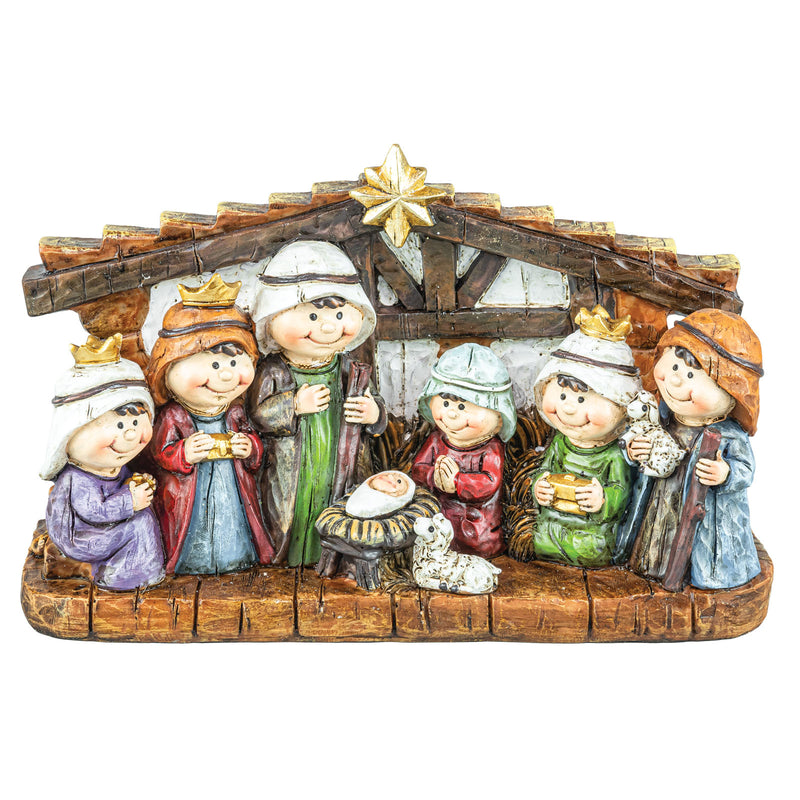A hand-painted resin Nativity scene figurine featuring Mary, Joseph, the Three Wise Men, baby Jesus in a manger, and a sheep, set against a white background.