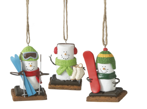 Three festive snowman ornaments with skis, snowboard, and ski boots on a white background.