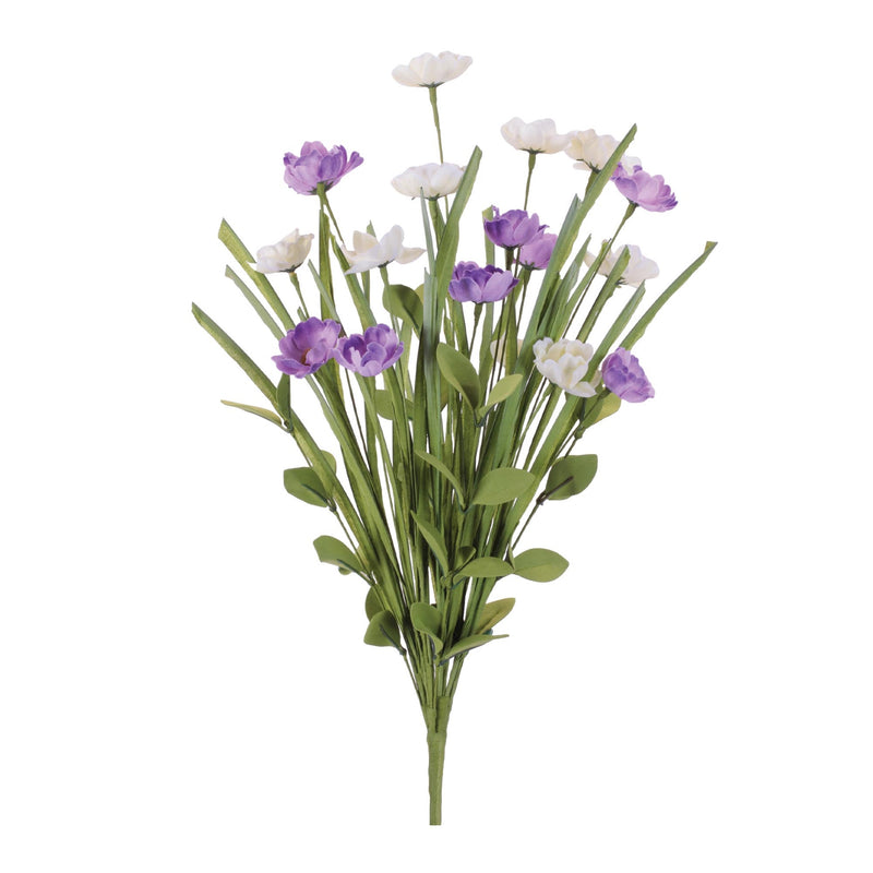Bouquet of artificial flowers with purple and white blossoms on a white background