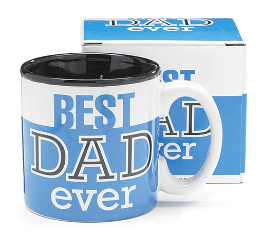 A ceramic mug with a white exterior, black interior, and a blue graphic reading 'BEST DAD ever', shown in front of its matching blue and white packaging box.