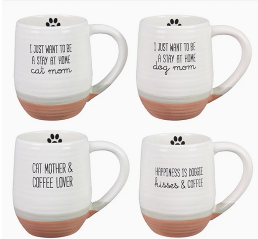 Four white mugs with text and paw prints on a white background