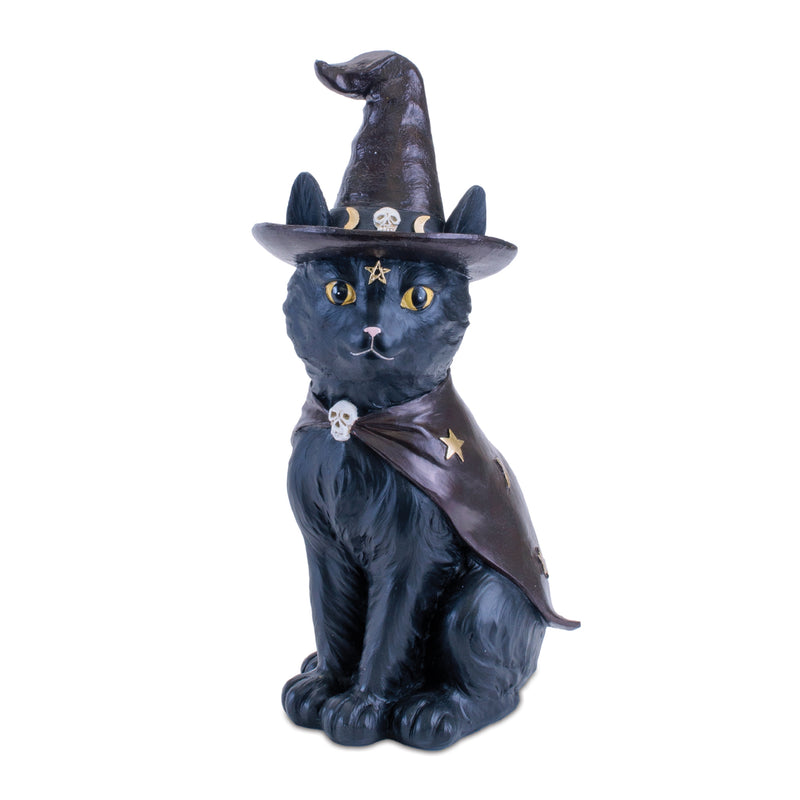 Black cat figurine wearing a witch hat with star and moon designs on a white background