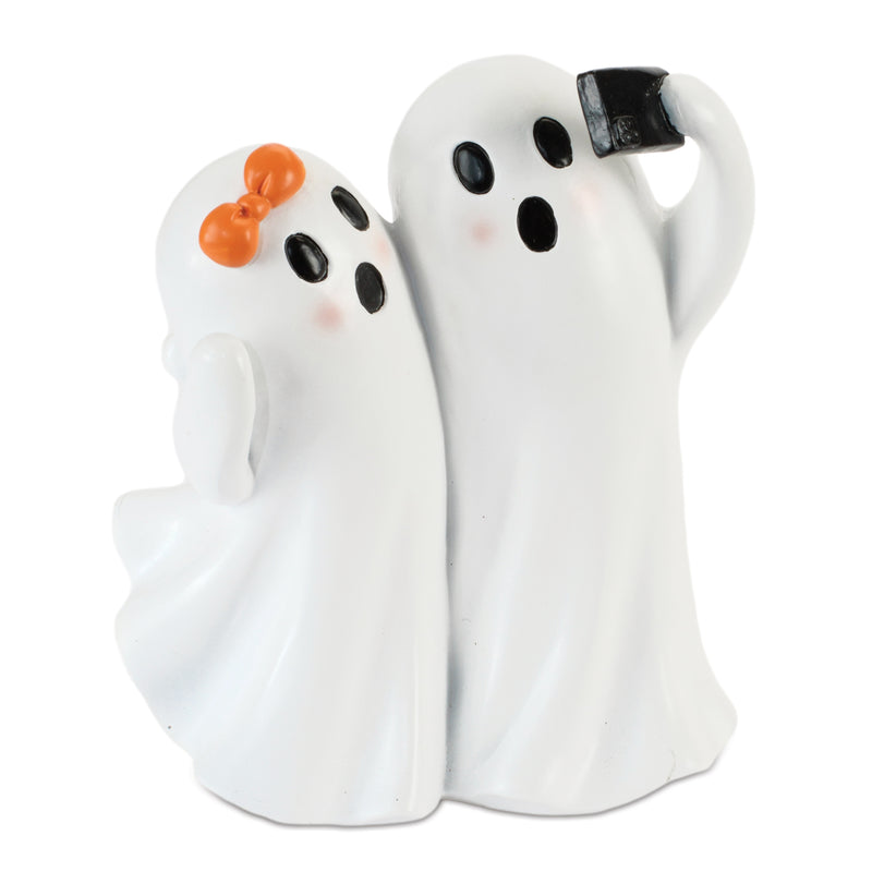 Two ghost figurines, one with an orange bow and the other taking a selfie, on a white background.