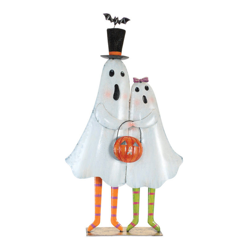 Halloween-themed ghost couple with a candy bucket on a white background