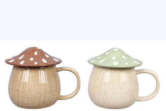 Two ceramic mugs shaped like mushrooms with colorful lids on a white background