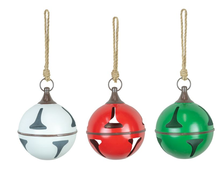 Three colorful jingle bells on a white background