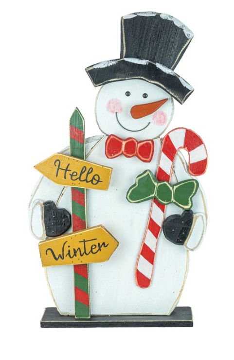 Decorative snowman figurine with candy canes and signs on a white background