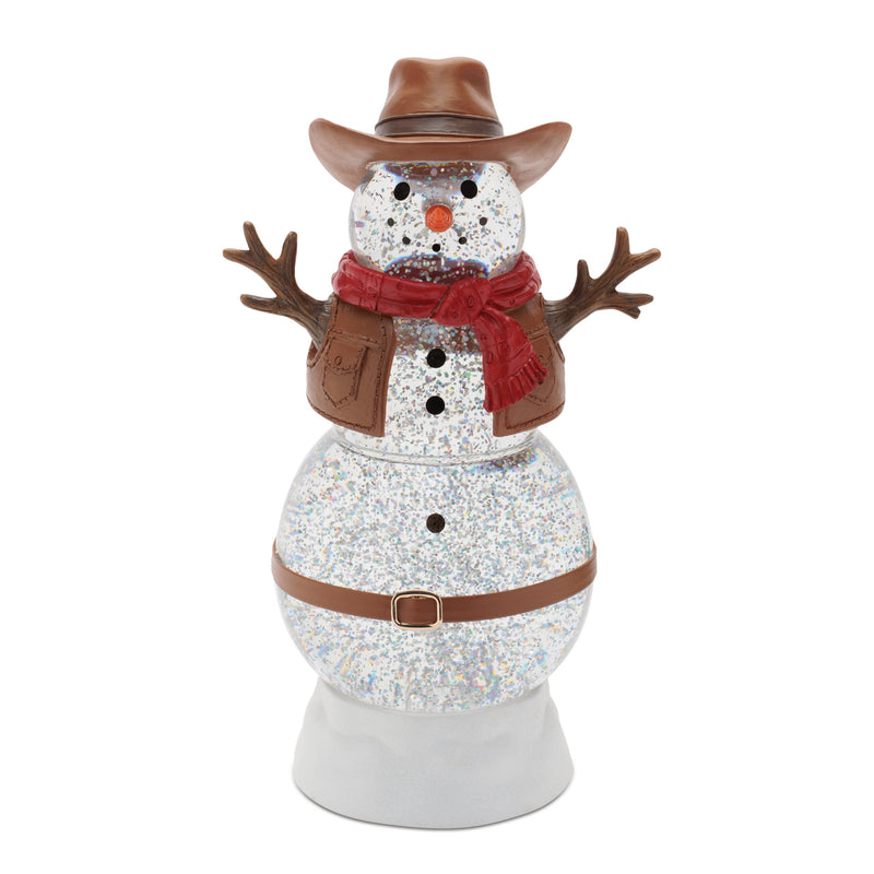 Decorative snowman figurine with cowboy hat, scarf, and antlers on a white background