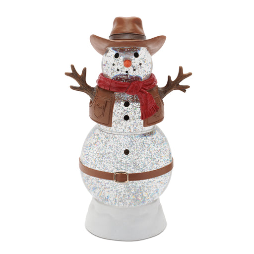 Decorative snowman figurine with cowboy hat, scarf, and antlers on a white background