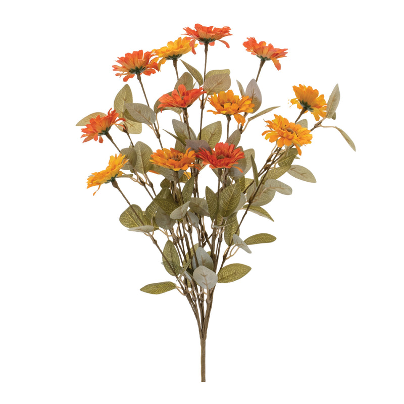 Artificial flower arrangement with orange and yellow flowers on a white background