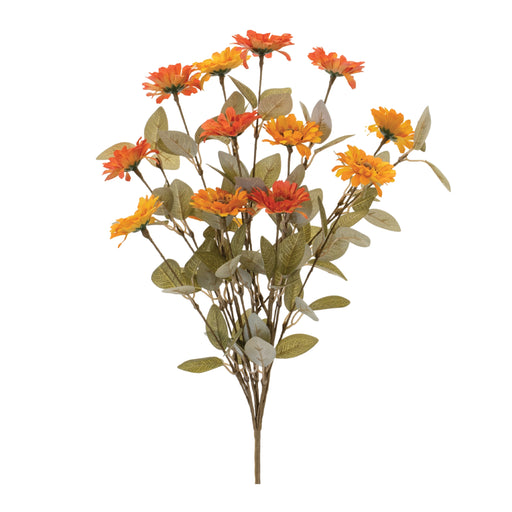 Artificial flower arrangement with orange and yellow flowers on a white background