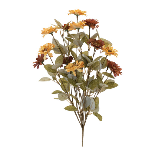 Artificial flower arrangement with yellow and brown flowers on a white background